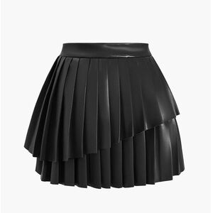 NEW Solid Faux Leather Pleated Asymmetrical Skir